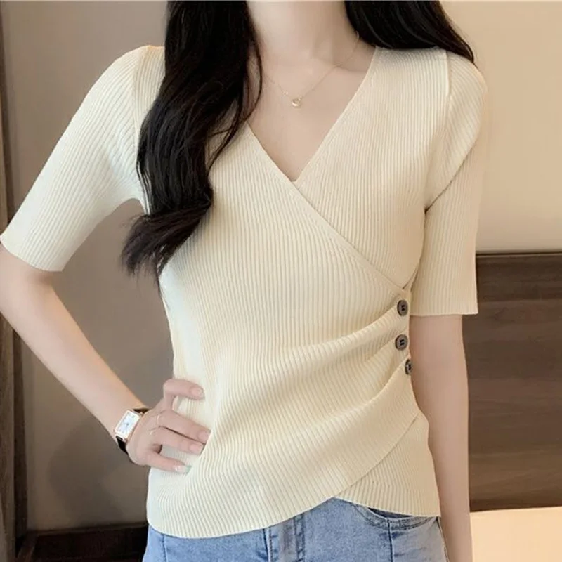 Fashion V-Neck Knitted Solid Color All-match Folds Blouse Female Clothing 2024 Summer New Casual Pullovers Asymmetrical Shirt