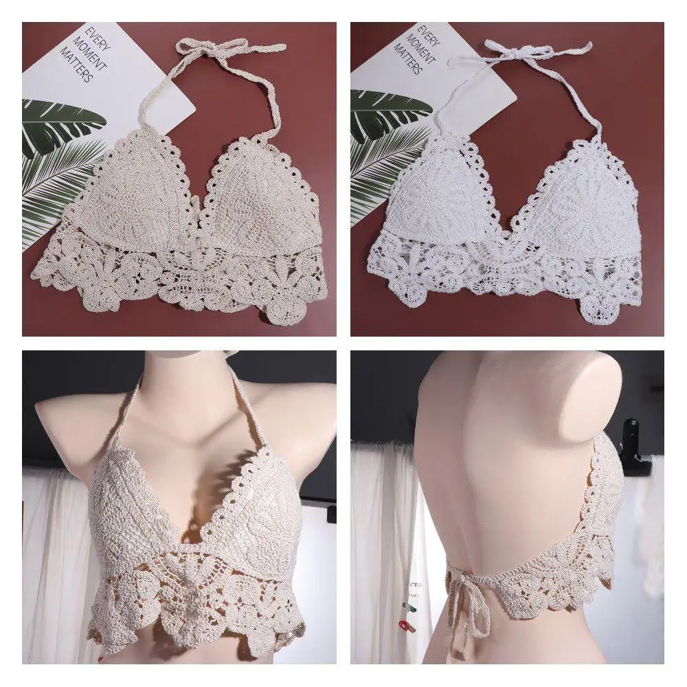 

Hollow Bohemian Style Vest Hanging Neck Ethnic style Knitting Crop Tops Beachwear Crochet Top Embroidered Flower Camisole Lady