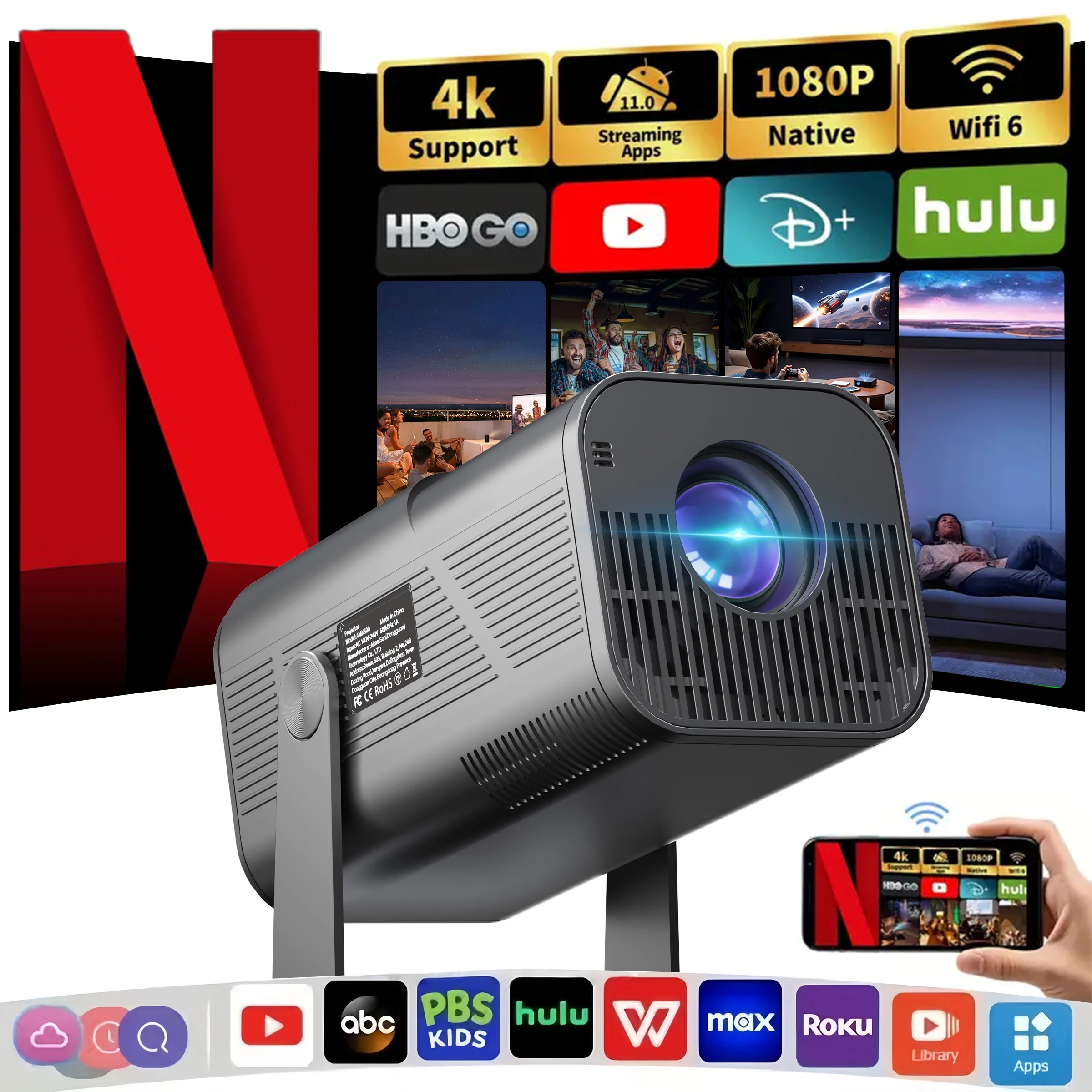 

Smart Projector, Android 11 OS, with WiFi 6 & Wireless, Smart TV Streaming, Large Screen Movie Projector for Home Theater