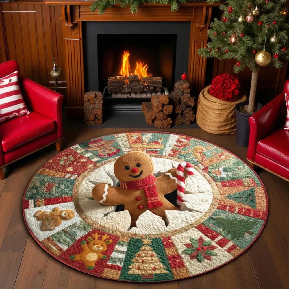 Christmas 3D Gingerbread Man Round Carpet Mat Rug Festive Home Decoration Xmas Tree Decorative Floor Mat for Holiday Party