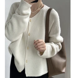 2024 Women Autumn O-Neck Single Button Design Soft Cardigans Coat Knitted Gray  Sweater Women Cape Clothes Tops