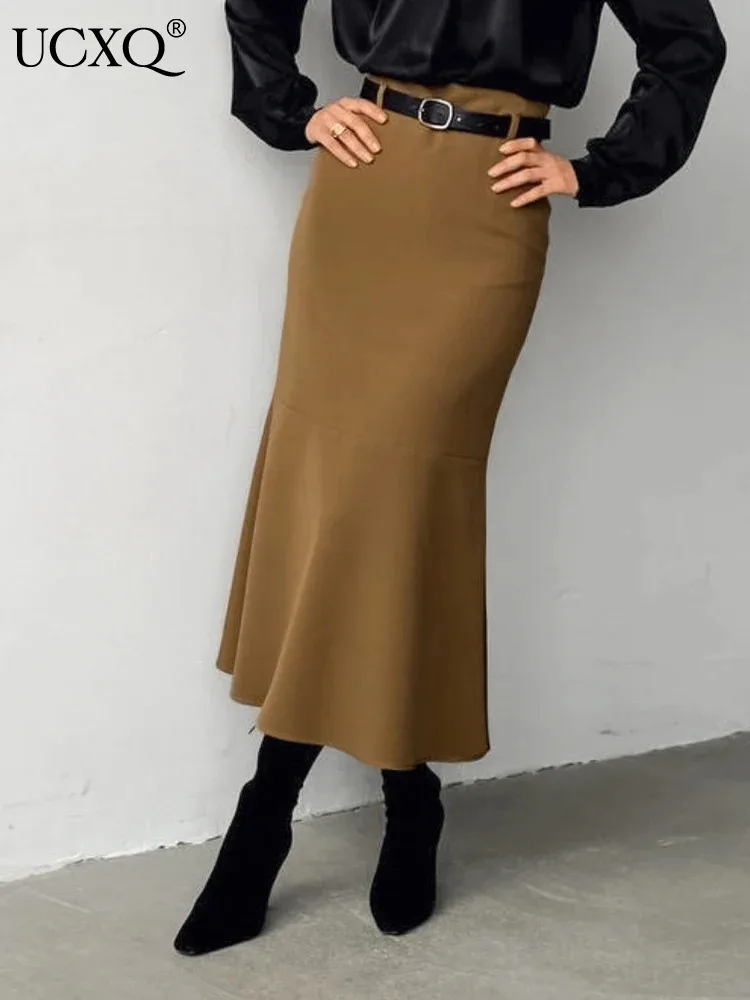 

UCXQ Vintage Fishtail Skirt European Style Office Lady All Match Temperament Elegant Long Skirts Women 2024 Spring Autumn 3C1769