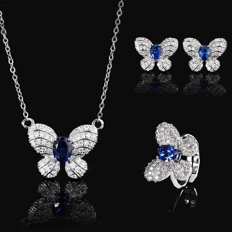 

Jewelry Set Fashion Butterfly Earrings Necklace Ring Sapphire Natural Women's Fresh Style