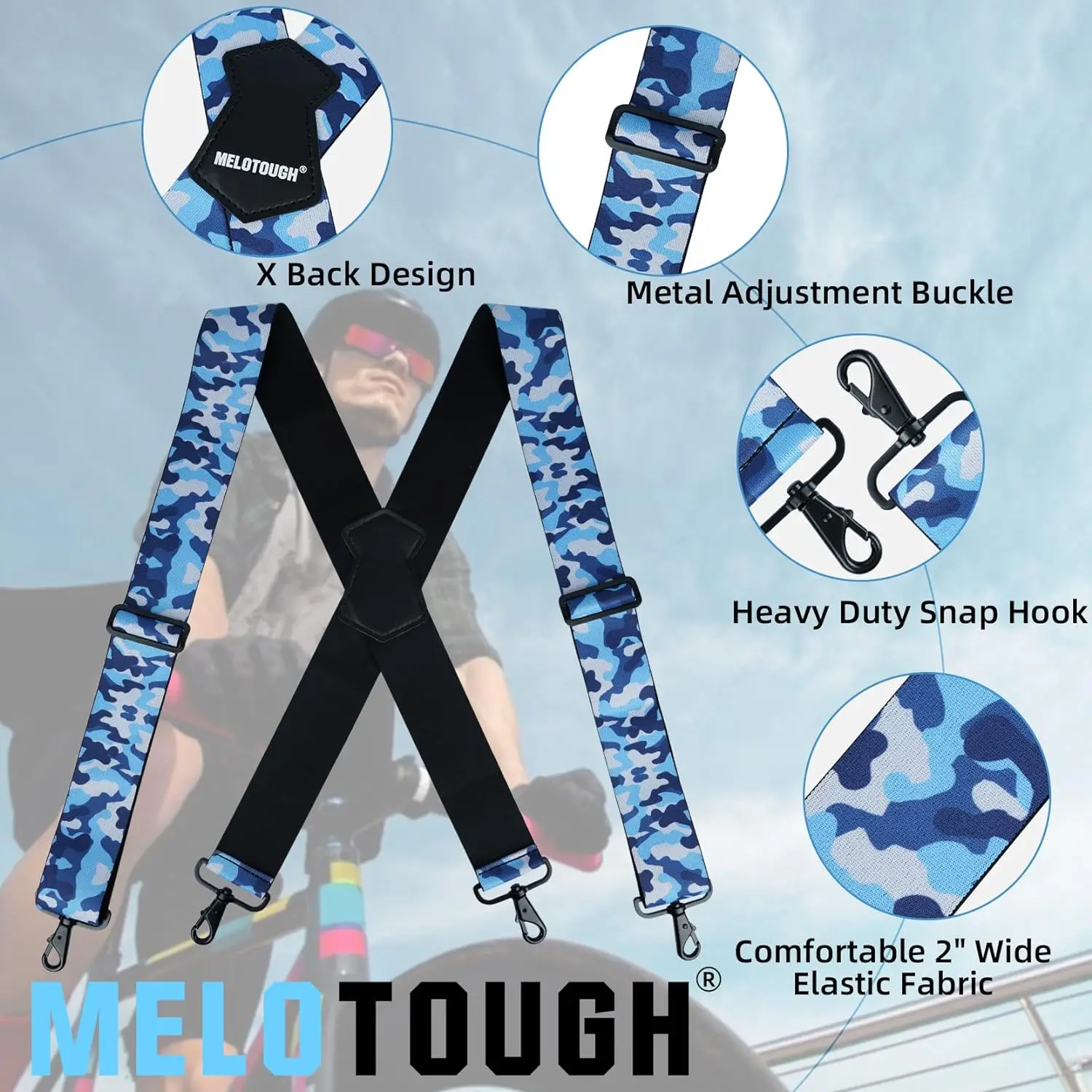 MELOTOUGH Men's Suspender 1.5/2 Inch Wide Suspenders Full Elastic X Back Suspender with Snap Hooks