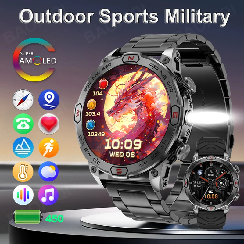 Flashlight New Smart Watch Outdoor Sport Compass 1ATM Waterproof Watch Men Bluetooth Call Smartwatch GPS Track Clock For Android