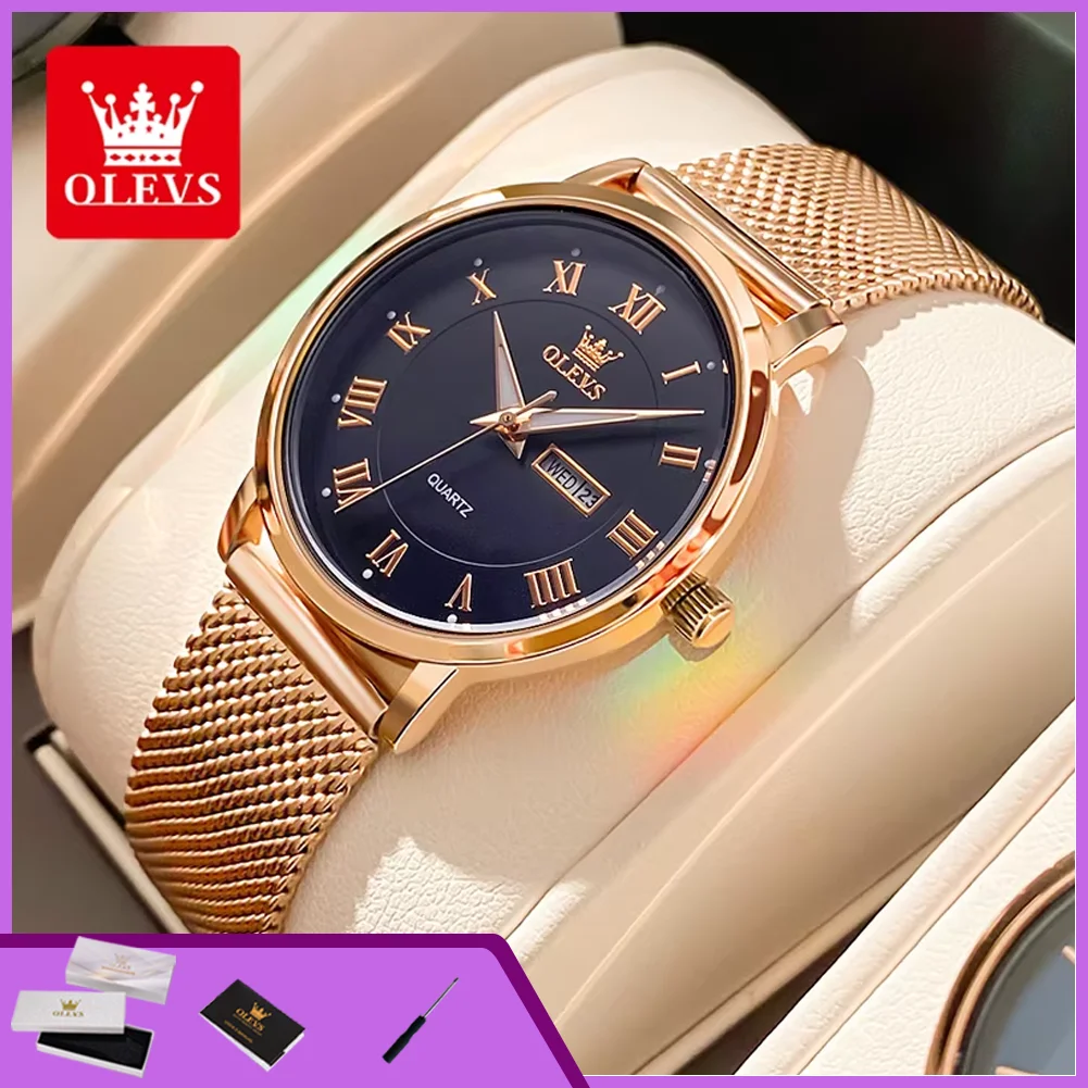 

OLEVS 2920 Ultra Thin Ladies Quartz Wristwatch Dual Calendar Auto Date Elegant Rose Gold Steel Mesh Belt Women's Bracelet Watch