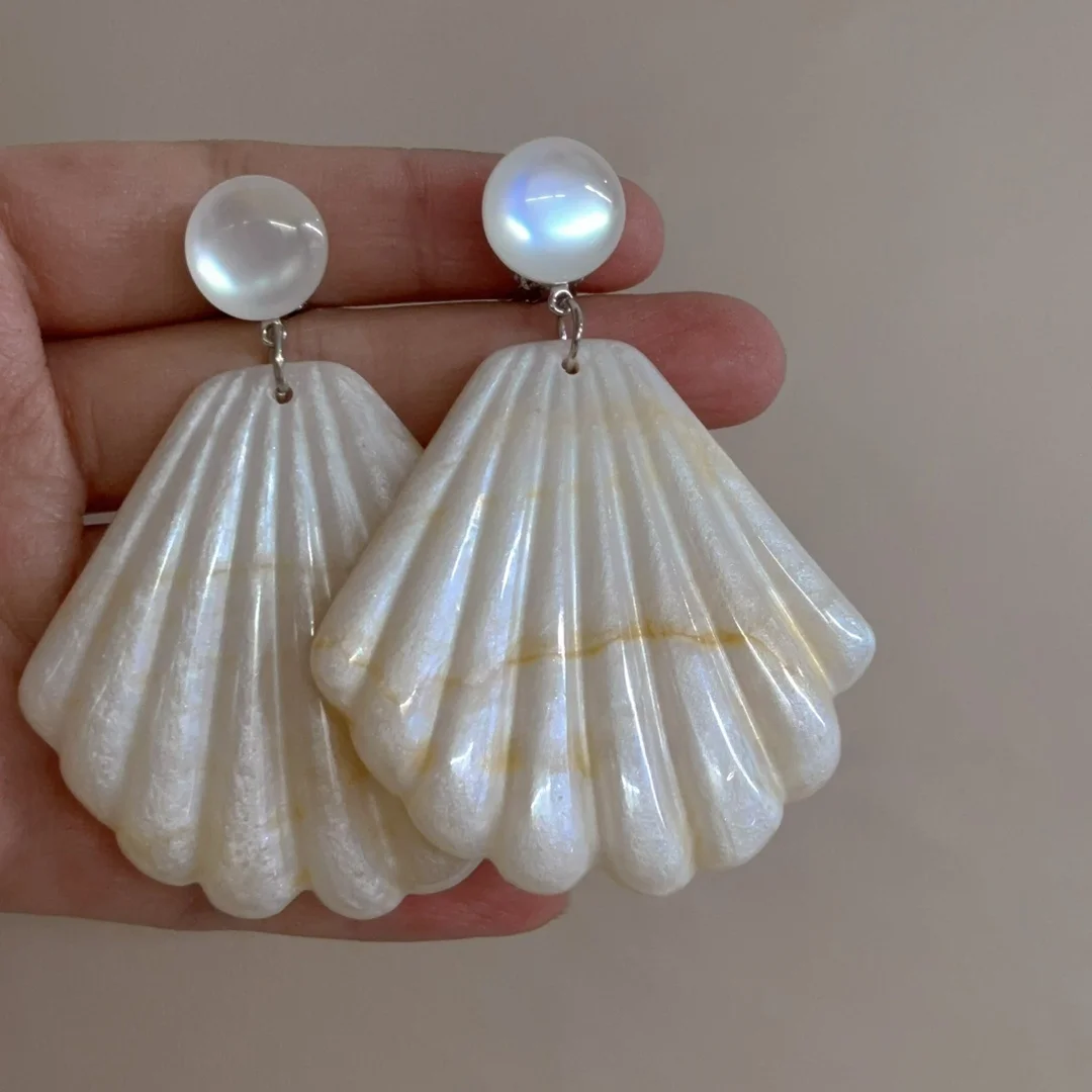 Pendientes de resina retro exagerados con forma de abanico, aguja de plata SS925, concha simulada, largos, personalizados, de...