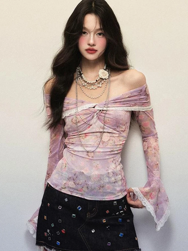 Sexy Lace Patchwork Slash Neck Gauze Tshirts Women Y2k Aesthetic Bottoming Grunge Tops Harajuku Vintage Fairy Print Pleated Tees