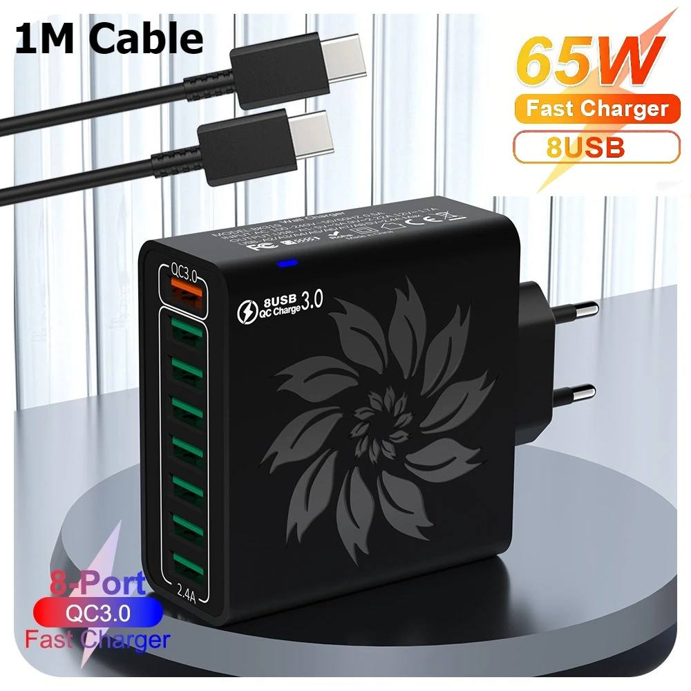 65W 8 Port Fast Charging Power Adapter Multi Port USB Charger Home Office Travel For iPhone Xiaomi Huawei Samsung Mobile Phone