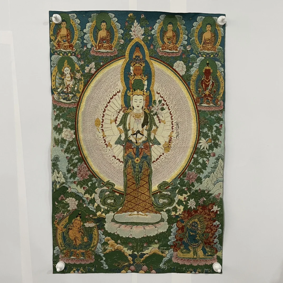 

35"Thangka embroidery Tibetan Buddhism silk Embroidery brocade Nepal 1000 Arm Guanyin Thousand Heads Avalokitesvara Thangka