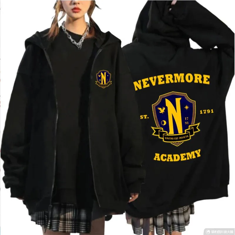 Wednesday Addams Nevermore Academy Logo Zipper Hoodies Womens Fashion Spring Oversized Loose Tops Black Mens Winter Jacket Coats