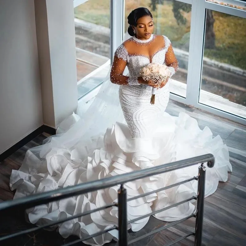 Customized Sheer Illusion Long Sleeves Tulle Lace Bridal Gowns for African Nigeria Black Women Tiered Mermaid Wedding Dresses