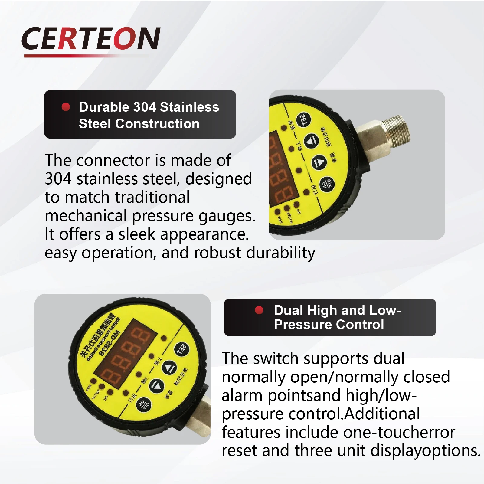 

-0.1–60MPa Dual Relay Smart Controller M20 Thread Industrial Use MD-S828 Digital Pressure Switch 24VDC 220VAC 380VAC Display