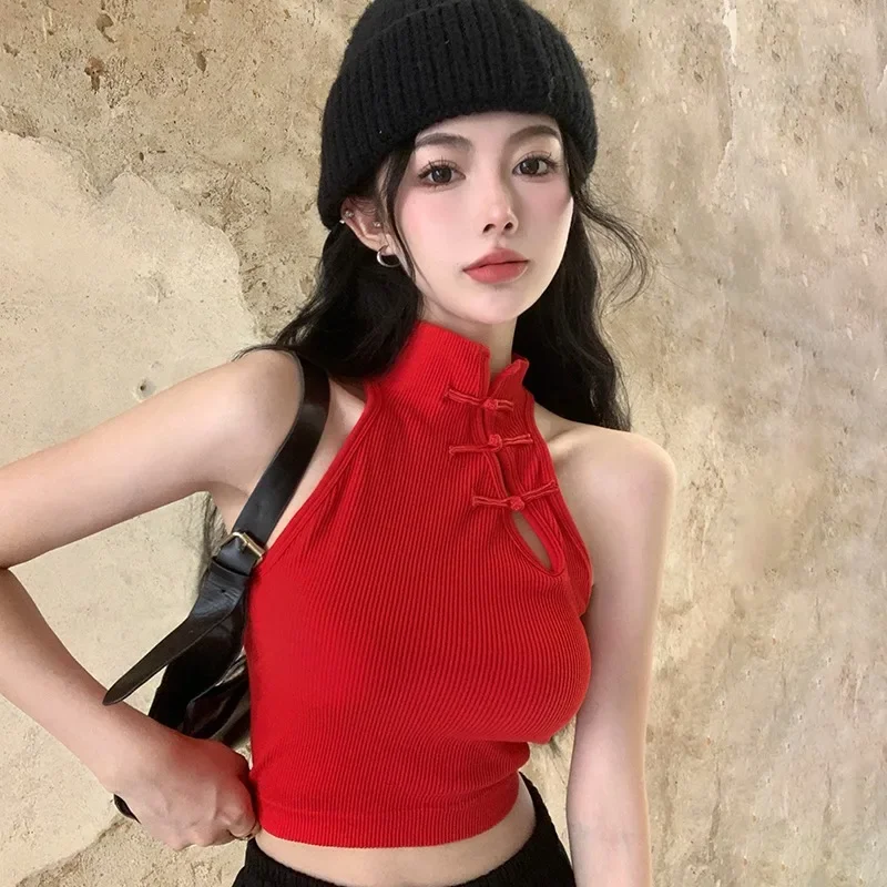

Women's Camisole Chinese Style Padded Sleeveless Button Tank Tops Slim Sexy Halter T Shirt Solid