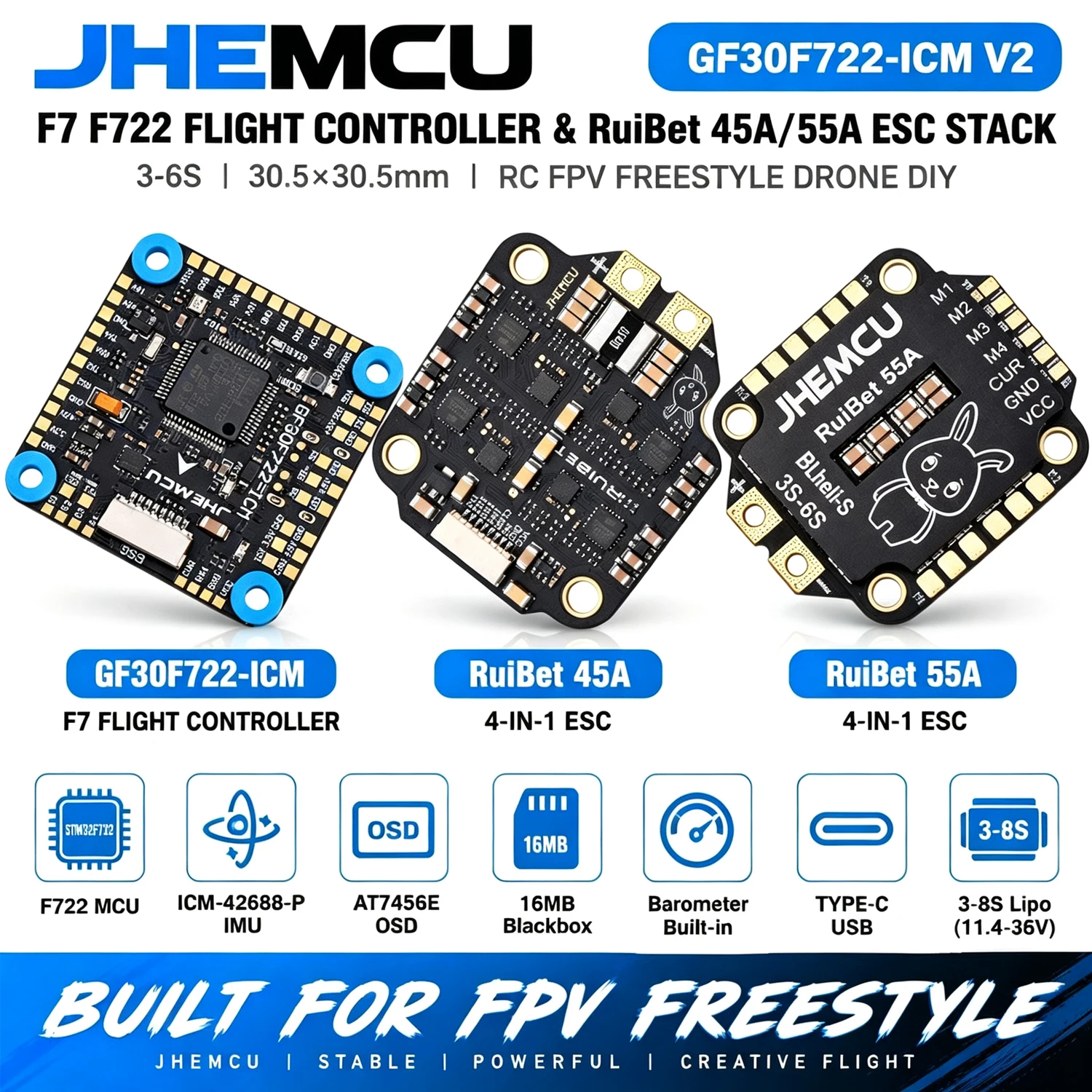 JHEMCU GF30F722-ICM V2 F7 F722 Flight Controller RuiBet 45A 55A 4-in-1 ESC Stack 3-6S 30.5x30.5mm RC FPV Freestyle Drone DIY