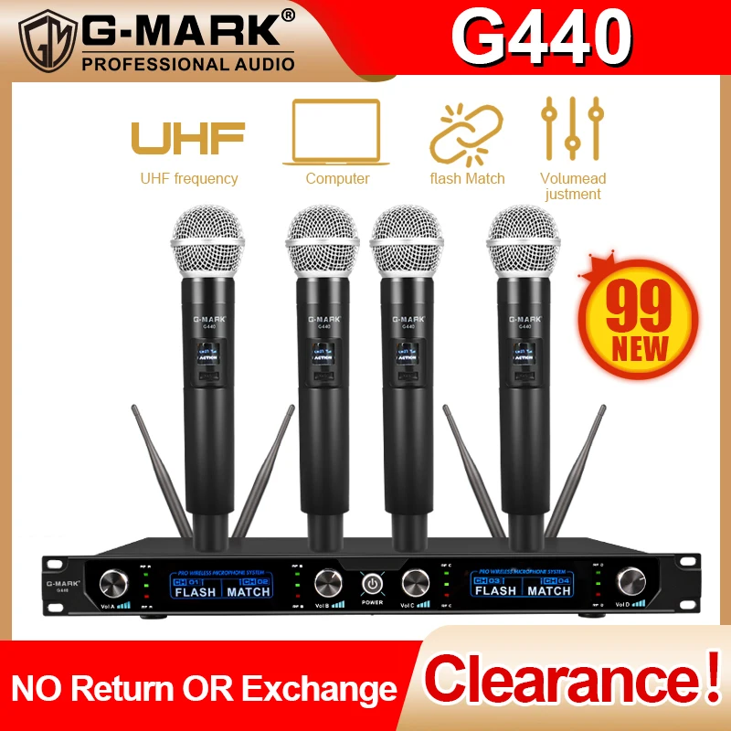 

99 New , G-MARK G440 Wireless Microphone Professional 4 Channel UHF Dynamic Handheld Mic Karaoke Party Stage Host Wedding 50M