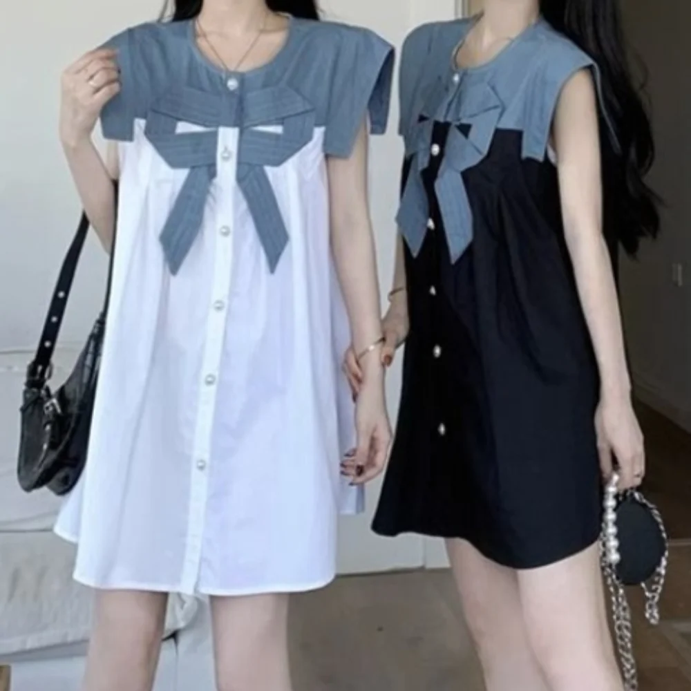 

Sweet Bowknot Sleeveless Dress Short Loose A- Line Fairy Dress Patchwork Button up Mini Dress Summer Girls
