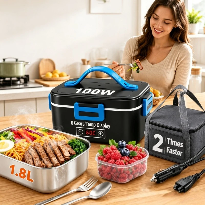 100W Electric Lunch Box with LED Temperature Display, 1.8L Portable Self‑Heating Food Warmer, 304 Stainless Steel Container, Dual‑Use 12V Car & 110V Home Heated Lunchbox with Insulated Carry Bag for Office Travel