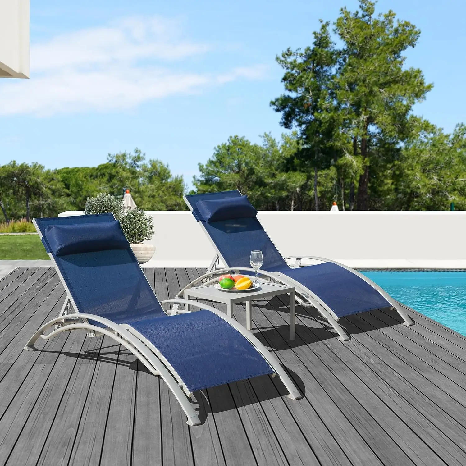 Aluminum Outdoor Lounge Chair Set 3-Piece, 5-Position Adjustable Chaise with Side Table for Pool Garden Beach, Customized