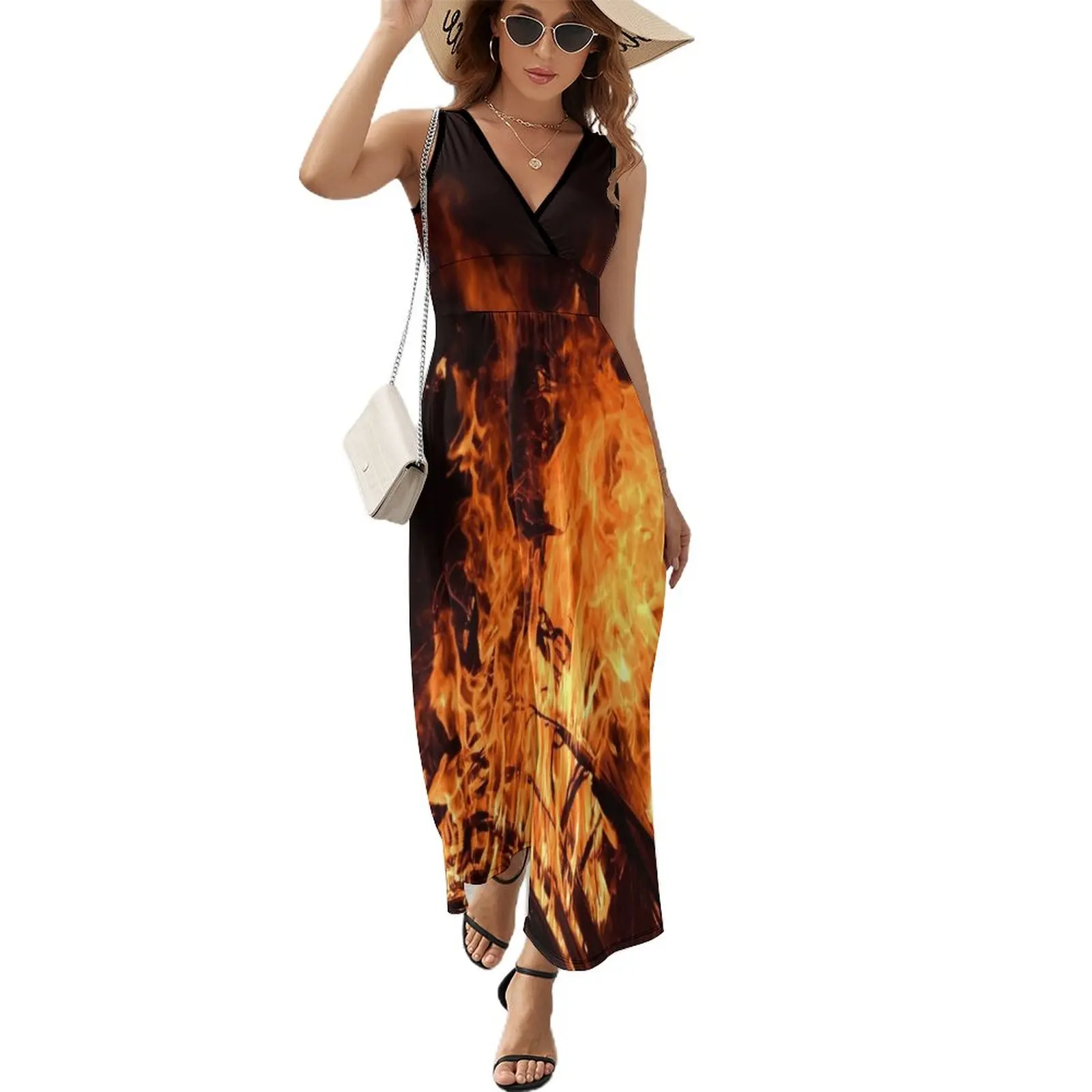 

Fire, flames at night, campfire Sleeveless Dress Dresses gala women's clothing trend 2023 Women long dress