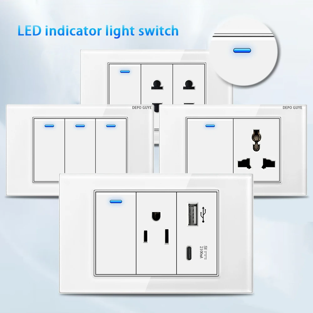 US Wall Light Switch Power Socket With LED Indicator,Universal White Tempered Glass Plug Outlet,Thai USB Type-c Quick Charger