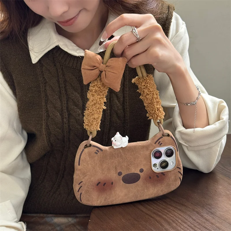 For iPhone 16 Pro Max Cute Dog suede nap Phone Cover For iPhone 15 14 12 13 Pro Max 14Pro 15PM Crossbody Case fluffy fuzzy rope