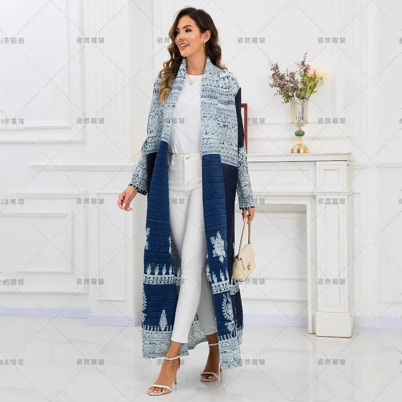 아바야 미야케 플리츠 롱 트렌치 코트 2025 가을 신상품 사우디아라비아 패션 플리츠 프린트 가디건 재킷 여성 의류