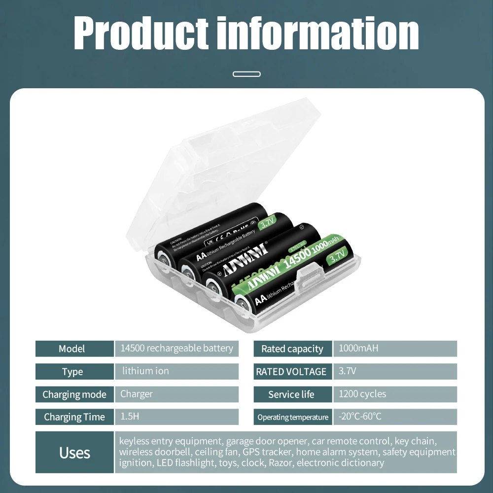 14500 AA 3,7 В 1000 мАч 14500 литиевая аккумуляторная батарея для дистанционного управления мышь часы фонарик бритва замена батарей AA