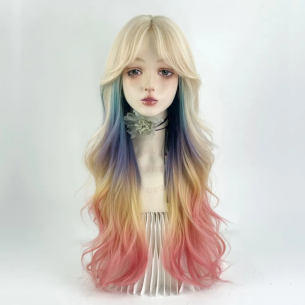 Wit Zhang rainbow wig full hood female color medium bangs platinum gradual change blue purple pink waves long curly hair