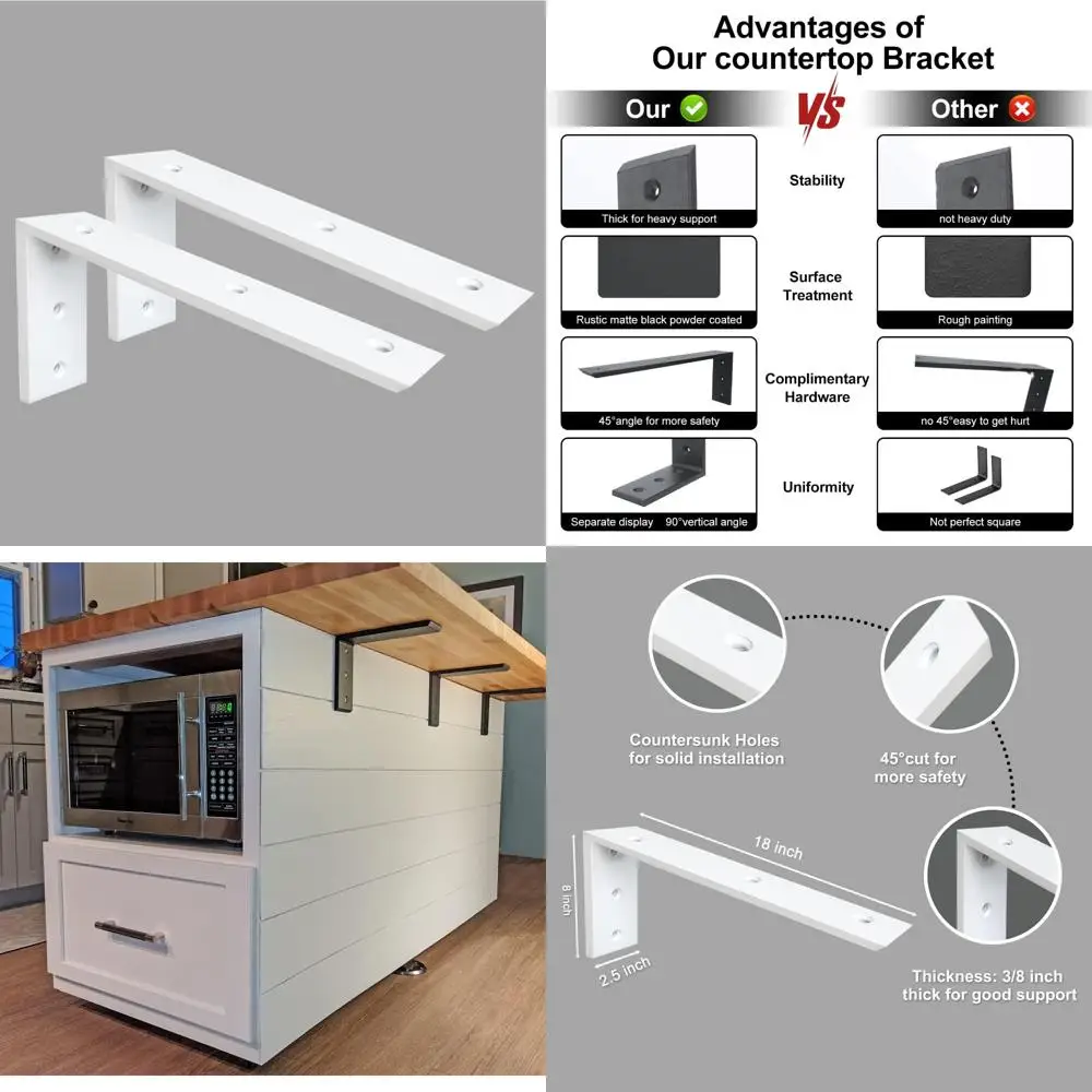 

Heavy-Duty White Granite Shelf Brackets, 18 Inch, 2 Pack, 3/8 Thick, for Quartz and Mantel Support