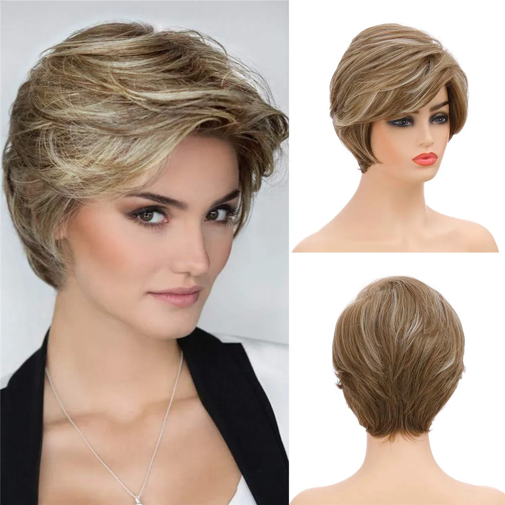 Ladies Short Nature Blonde Synthetic Wig Pixie Cut Wig With Bang For Women Daily Party Use Heat Resistant Fiber