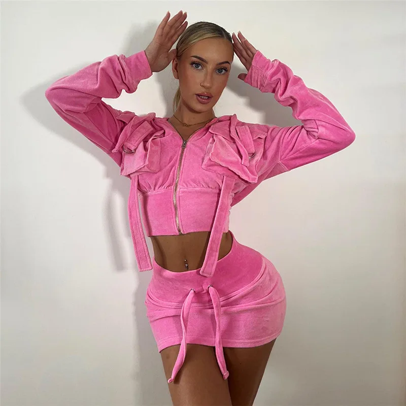 

Casual Pleuche 2 Piece Set Tracksuits Women Ribbon Pockets Zipper Hooded Long Sleeve Crop Tops Drawstring Mini Skirts Suits