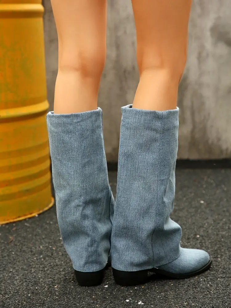 Sepatu Bot Setinggi Lutut Wanita Sepatu Ujung Lancip Modis Musim Gugur Sepatu Bot Koboi Barat Wanita Klasik Sepatu Bot Ksatria Denim Botas Mujer