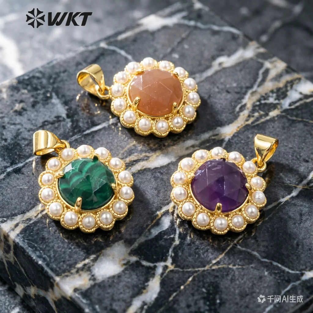 

WT-JP358 Wholesale Fashion Gold Plated Stone With Claw Setting Artificial Shell Pearl Around Labradorite Gemstone Pendants
