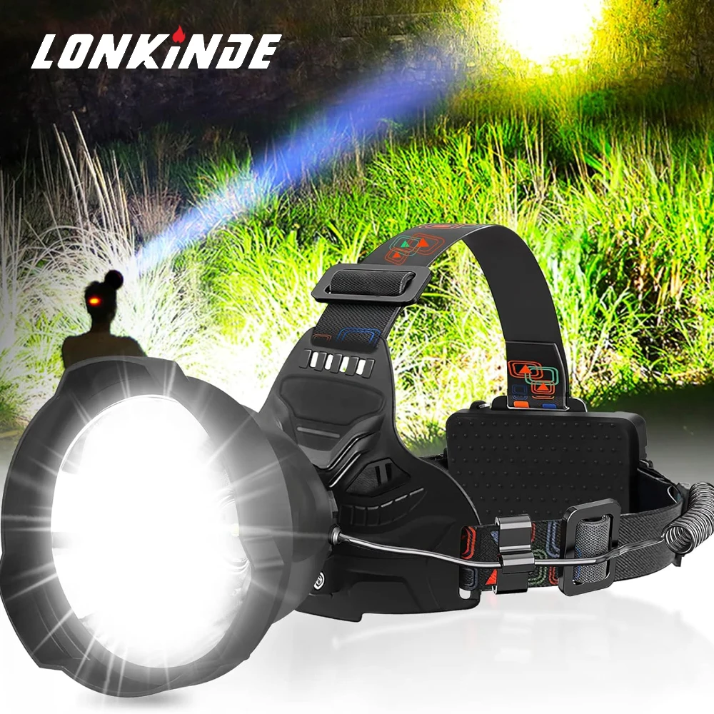 USB Rechargeable LED Headlamp Outdoor Waterproof Headlight 18650 Head Flashlight Tail Red Warning Light Hunting Fish Camping