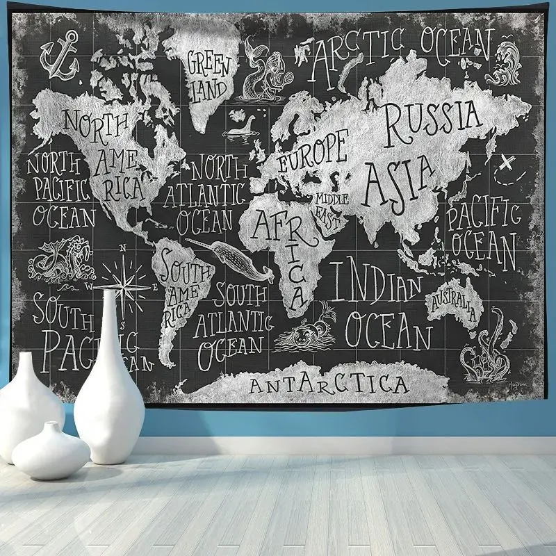VIKAMA Vintage Line Art World Map Wall Tapestry Retro Atlas Travel Home Decor Cute Kawaii Soft Durable Cozy Aesthetic Gift Fun