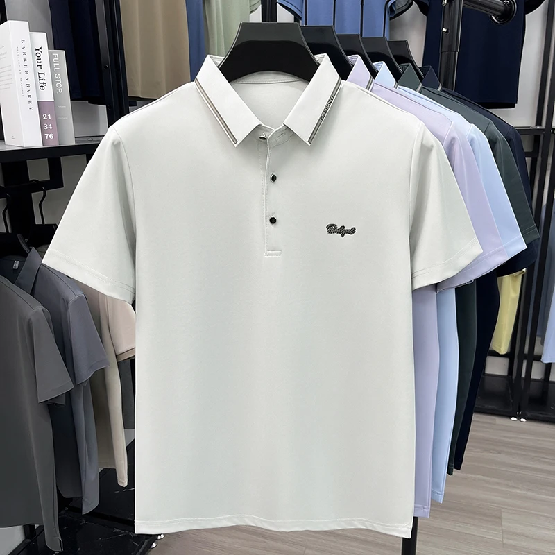 Summer New MenT-shirt Premium Wrinkle-Free Luxury Lavender with Embroidered Chest Logo Formal