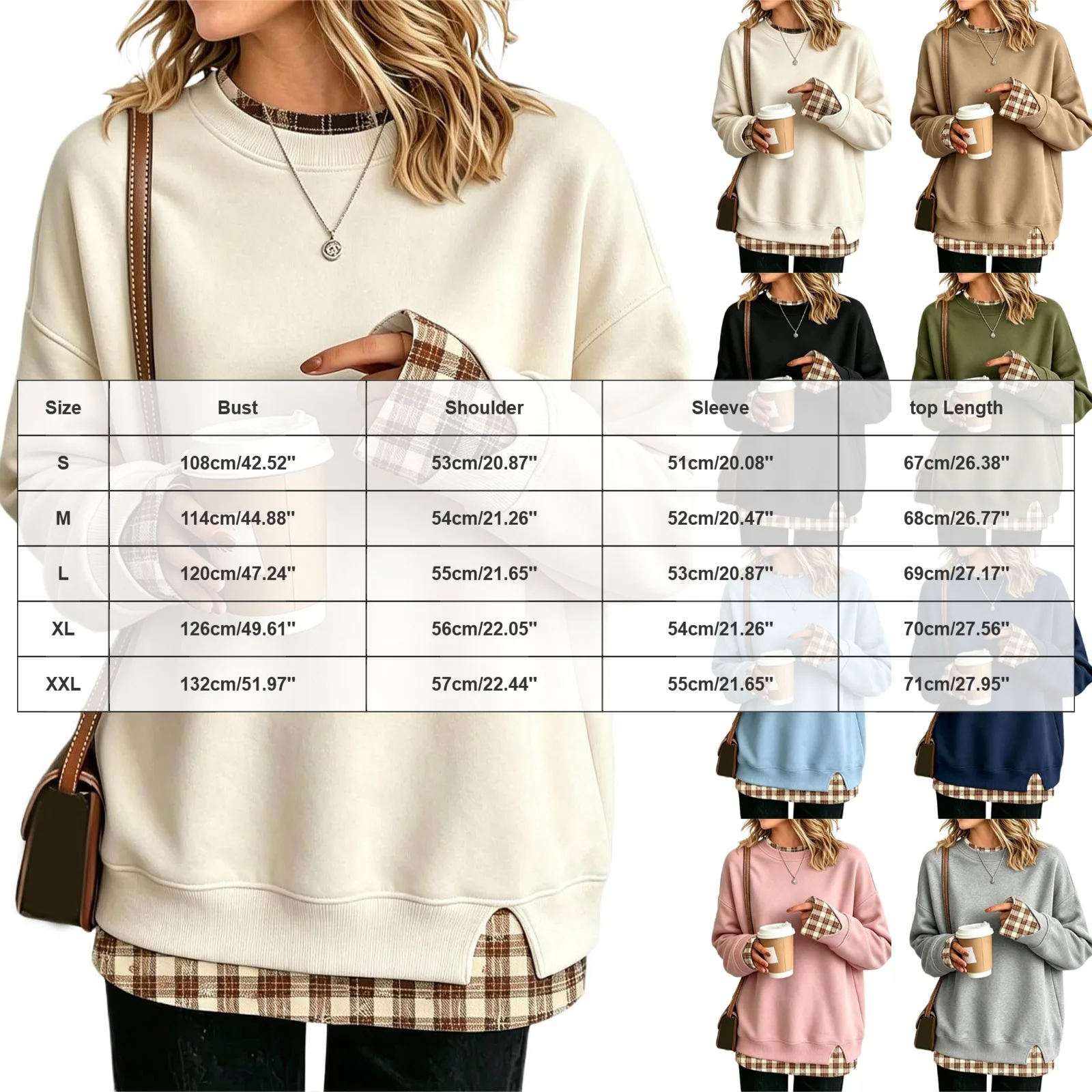 Crew Neck Sweatshirts Women Cute Long Sleeve Oversized Sweatshirt Plaid Pullove In Layered Tunic Drop Medium Weight Hoodie