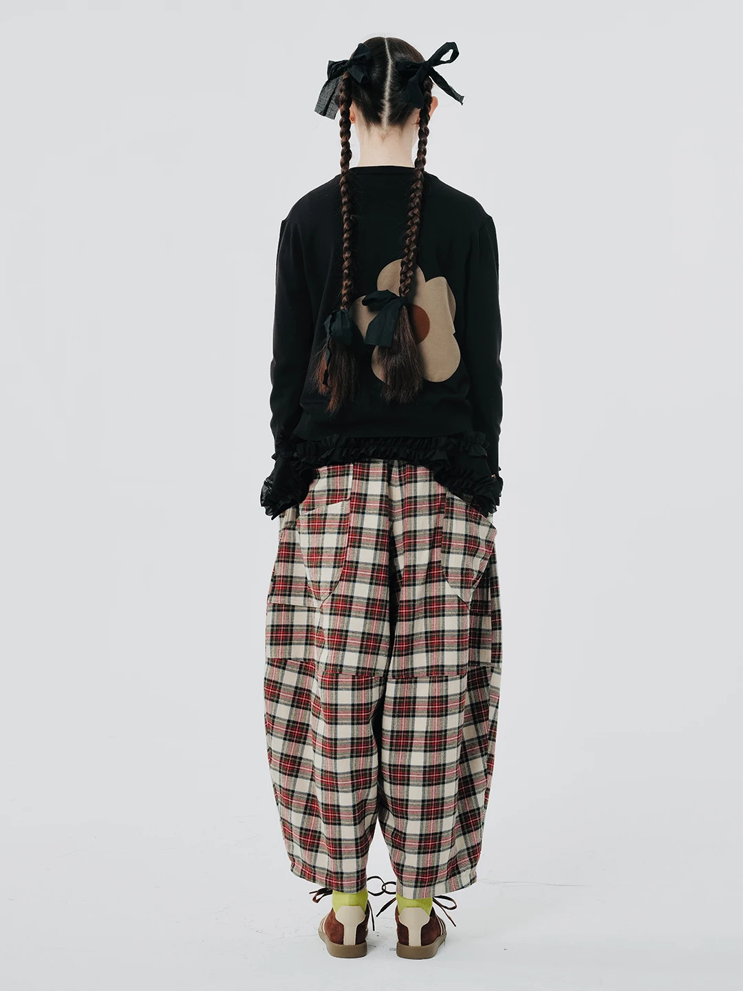 IMAKOKONI original design brown plaid loose casual fashion wide leg pants nine-quarter pants 244549