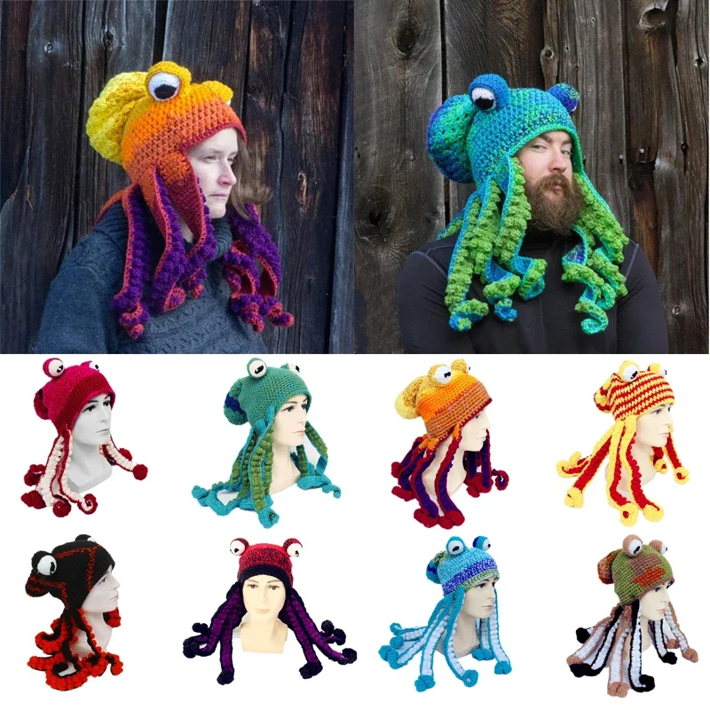 VOGUEON Adult Novelty Handmade Funny Animal Tentacle Octopus Hat Crochet Beard Men's Women's Knit Hats Headgear 2024 Par