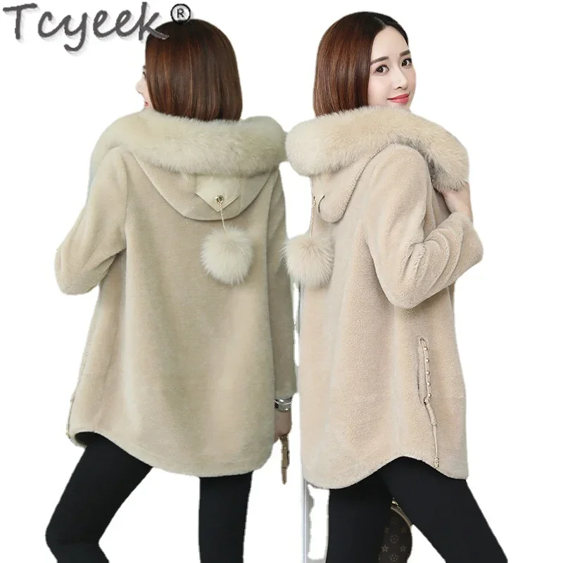 

Tcyeek Fur Coat Women Sheep Shearling Coat Ladies Winter Long 100% Wool Coat Women Elegant Chic Fox Fur Collar Casaco Feminino