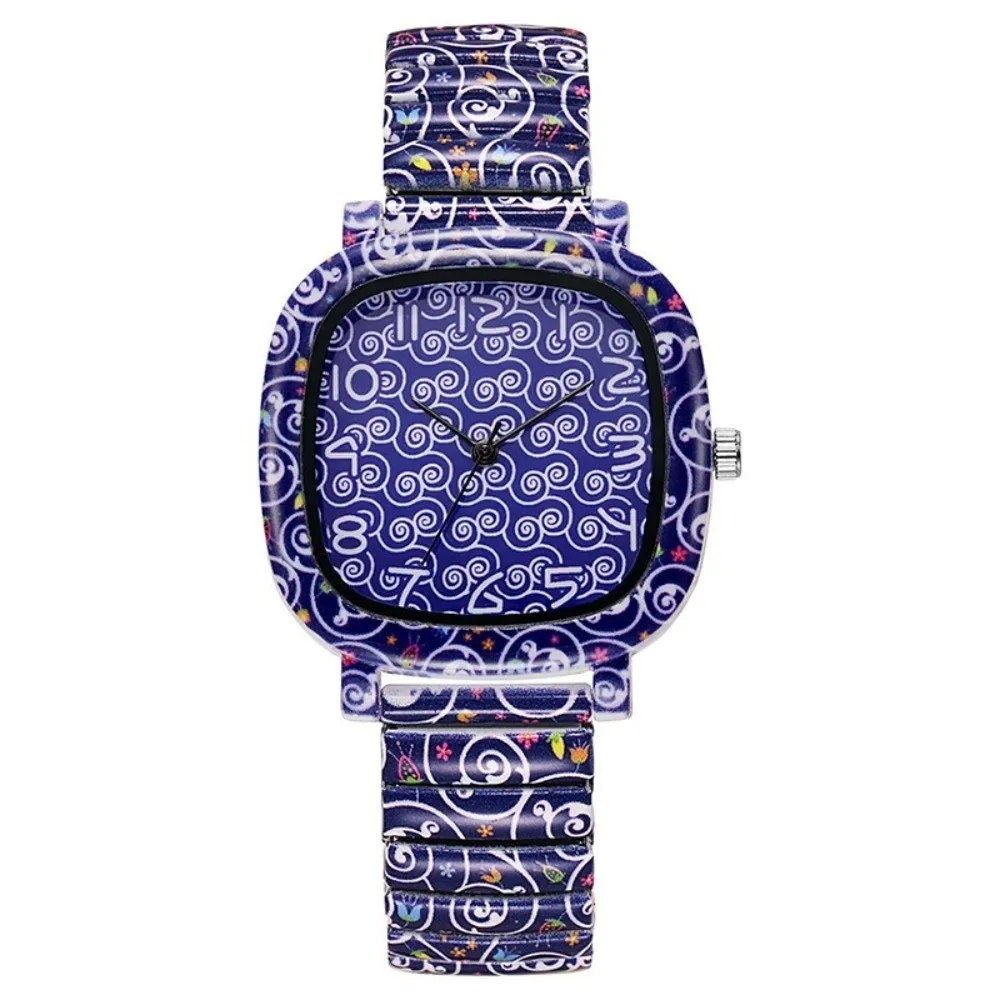 Stainless Steel Quartz Bracelet Watch Floral Printed Rainbow Gradient Square Wristwatch Colorful Elastic Stretch Strap Watch