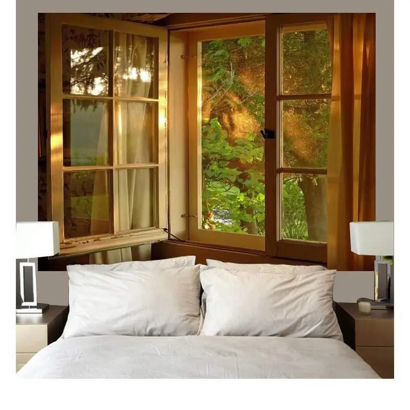 VIKAMA Window Mountain View Bedroom Wall Tapestry Brick Frame Green Hill Valley Flower Vase Lamp Cozy Nature Landscape Decor
