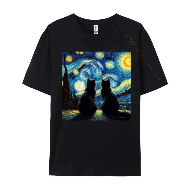 

Cats Lover Starry Night Van Gogh Cat Mom Cat Dad Personalized Tops Shirts Family Normal Cotton Man T Shirts T-Shirt