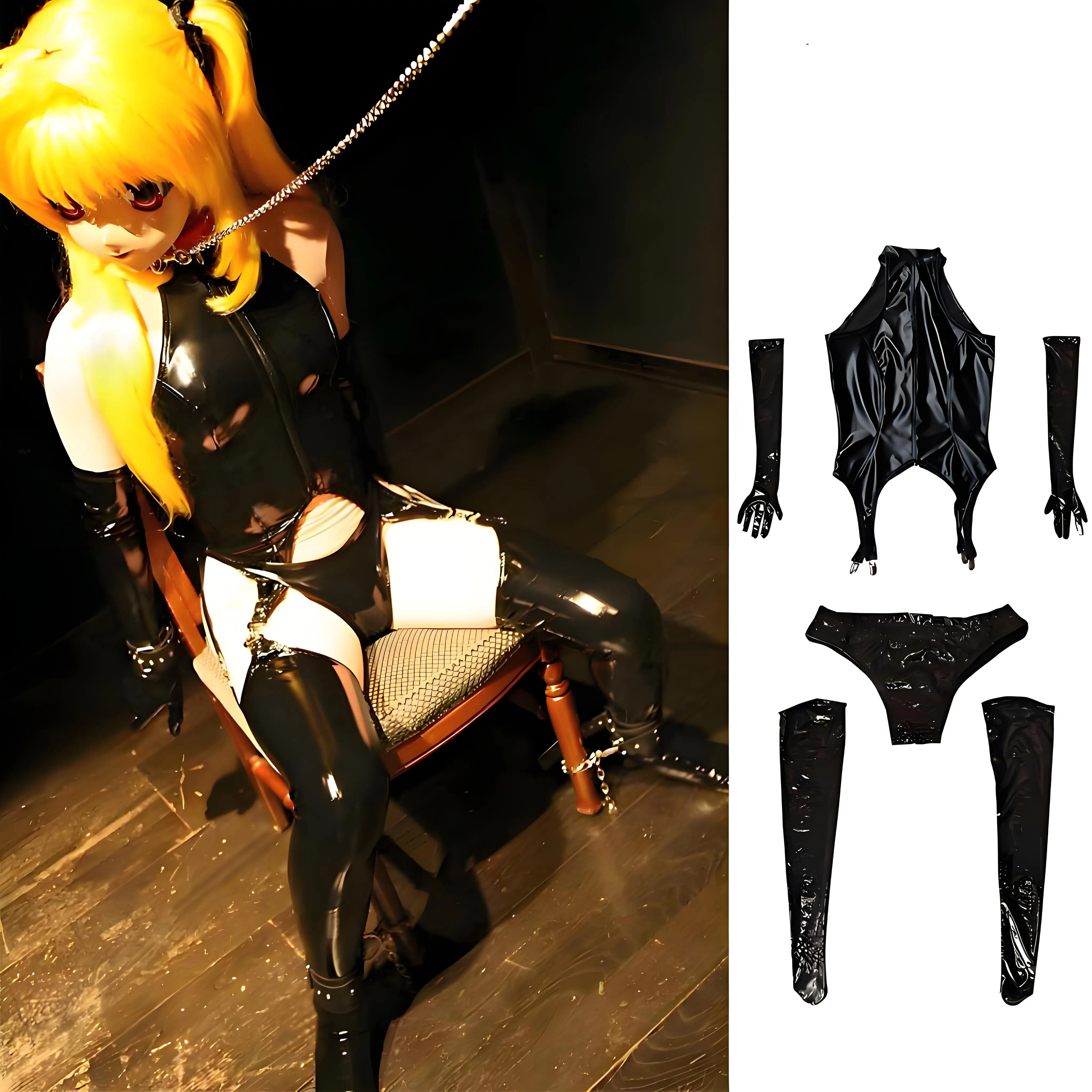 Sexy Wetlook Faux Leather Lingerie Black Catsuit Maid Cosplay Costume Erotic Teddy PU Leather Crotchless Bodysuit Tights