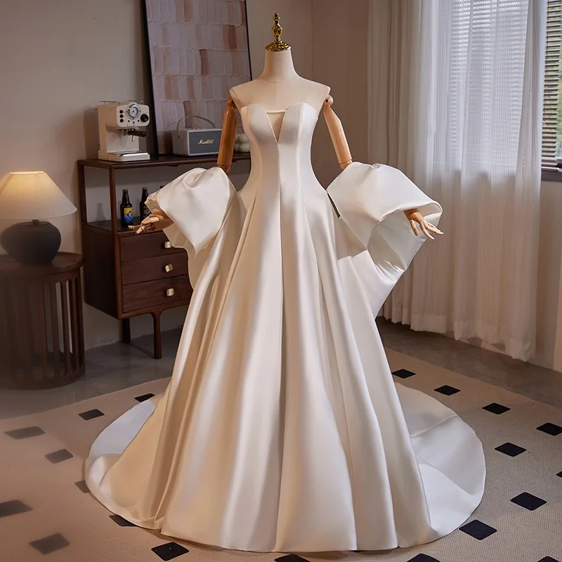 

Элегантное атласное вечернее платье для женщин, свадебное платье со шлейфом для свадебной церемонии, корейский стиль, короткий рукав, средняя талия