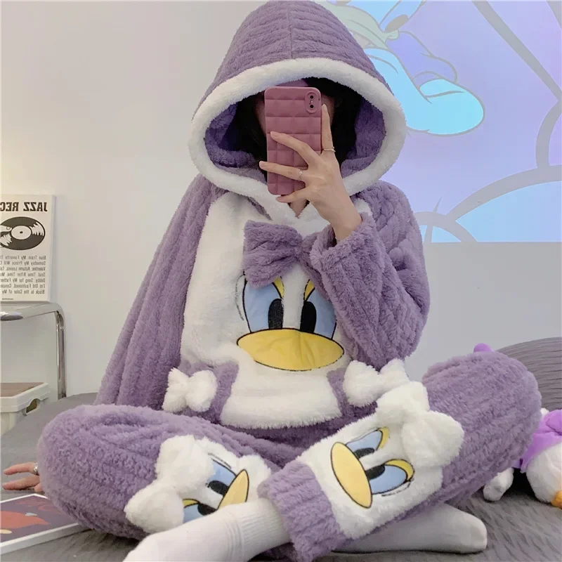 Disney pajamas new winter hooded pullover warm two-piece set cartoon Disney women's loungewear Donald Duck women's pajamas