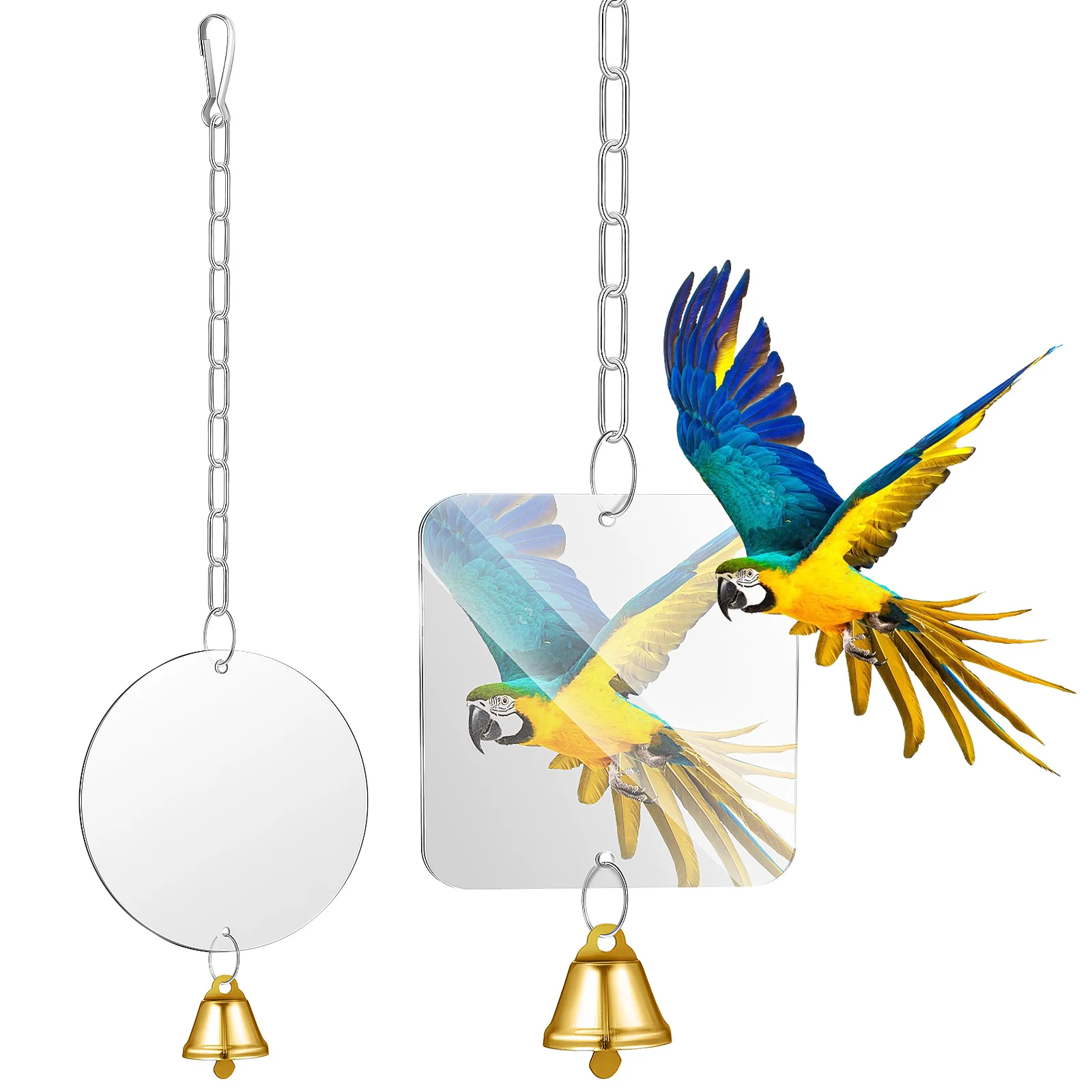 

2 Pcs Bird Mirror with Bell 2pcs Toys Swing Cage for Hanging Birds Square Parrot
