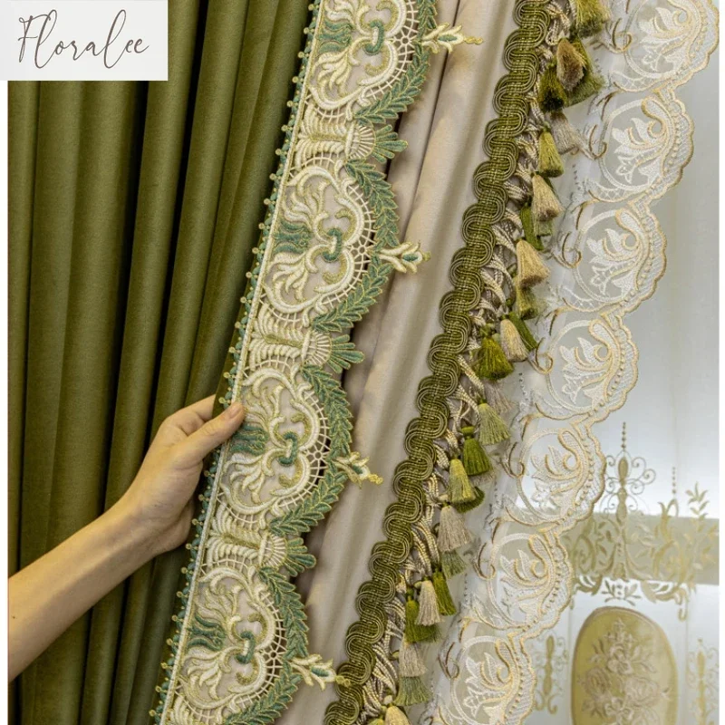 Luxurious French Olive Green Velvet Curtains for Bedroom Living Room French Window Custom Window Screen House Decor White Tulle