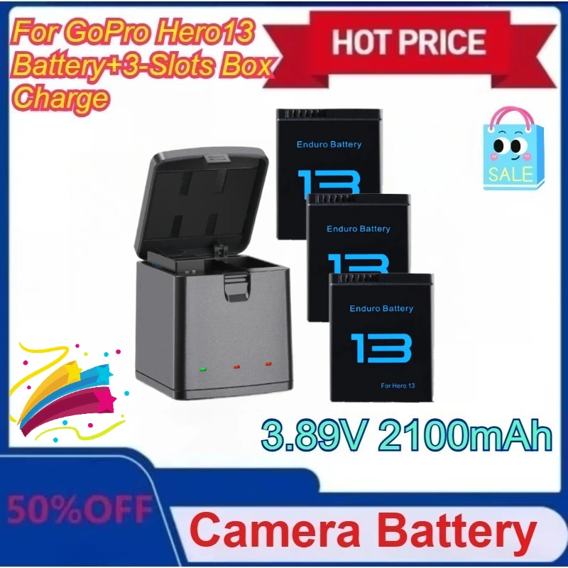 

New 2100mAh for GoPro Hero 13 Battery+3-Slots Box Charger for GoPro Hero 13 Black Camera Accessories